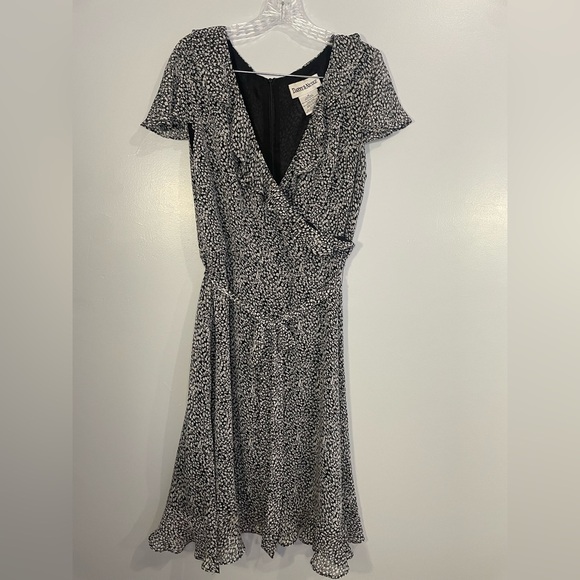 Vintage Danny & Nicole Faux Wrap Midi Dress Ruffle Black White Size 14 Lined - Picture 4 of 14